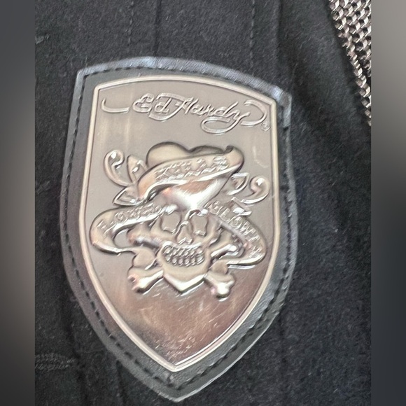 RARE ED HARDY WOOL BLEND MILITARY STEAMPUNK COAT NAVY XS EUC CHAIN EPAULETS - Picture 5 of 15